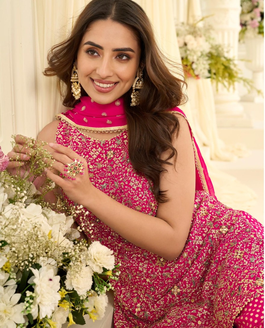 PINK - Rani Pink Embroidered Georgette Designer Sarara Kameez